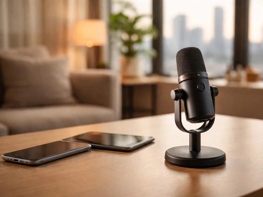 Podcast microphone on a luxury office desk with a city skyline window behind, no people.