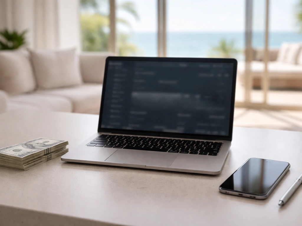 Minimal desk scene with laptop, blurred dashboard, cash stack and phone suggesting finance analysis.