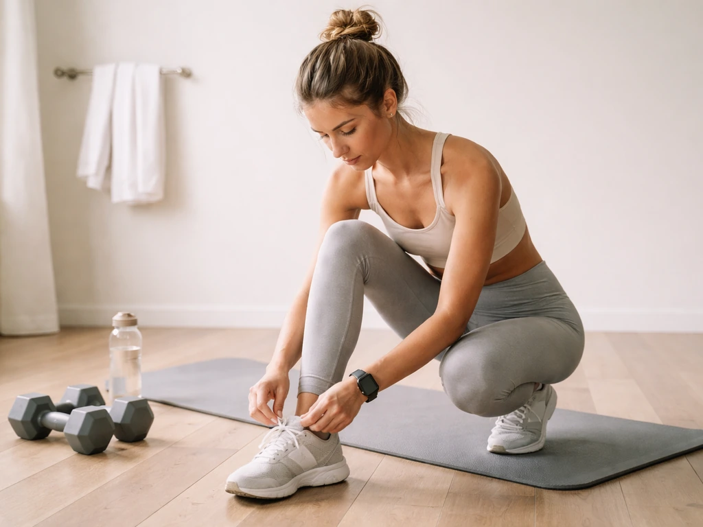 Woman in a home gym tying her shoes near dumbbells and a yoga mat in natural morning light.