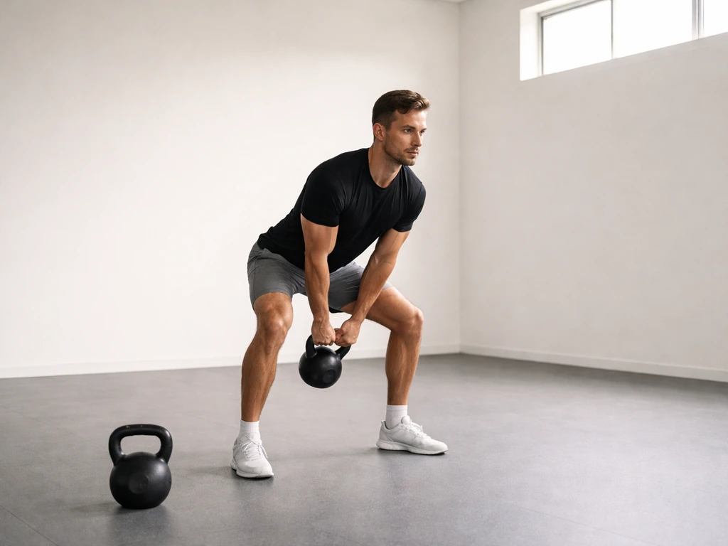 Fitness trainer in a minimalist gym demonstrating a kettlebell swing stance in natural light.