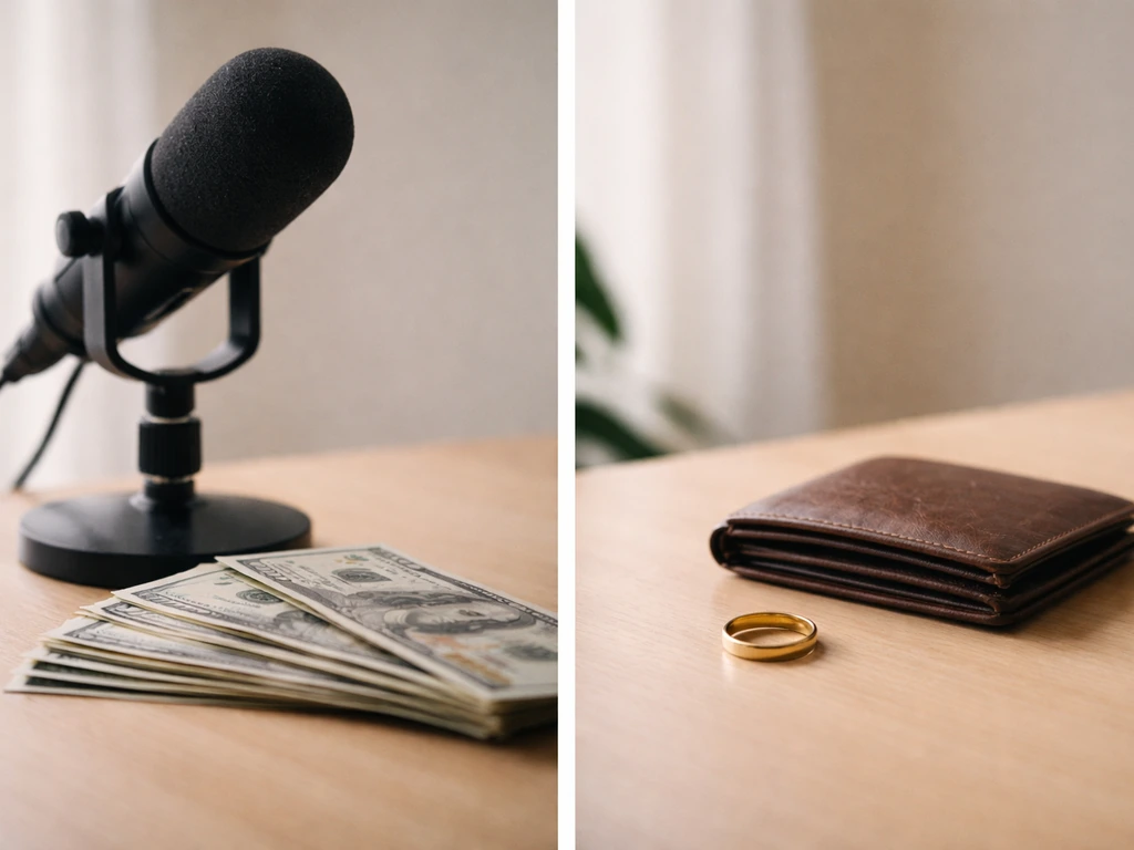 Split-frame scene symbolizing two reality-TV net worth ranges: cash, microphones, and a quiet studio desk