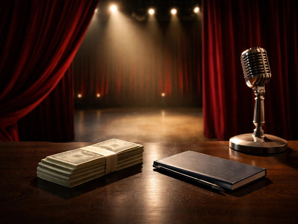 SNL-style comedy stage curtain beside a stack of cash and a checkbook on a desk, suggesting net worth estimation