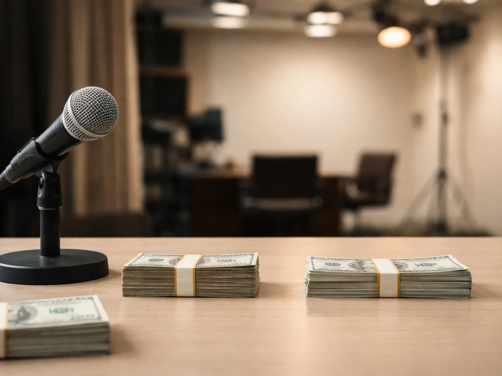 Minimal photo of a studio desk with a microphone and scattered cash symbolizing estimated net worth and earnings sources