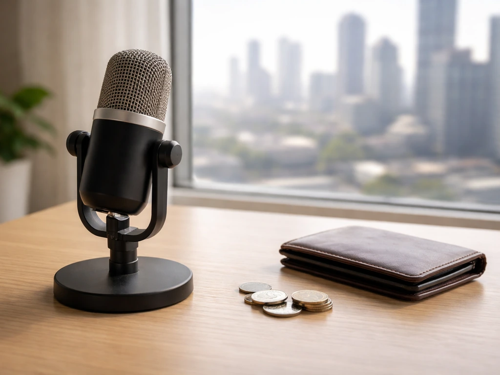 Minimal finance-themed media workspace with a microphone and money symbols suggesting net worth ranges