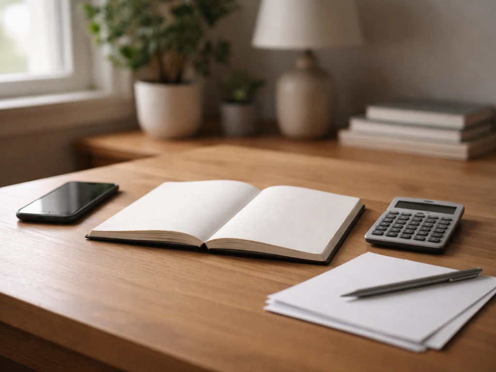 Minimal office desk with a notebook, calculator, and smartphone showing an anonymous web search feel