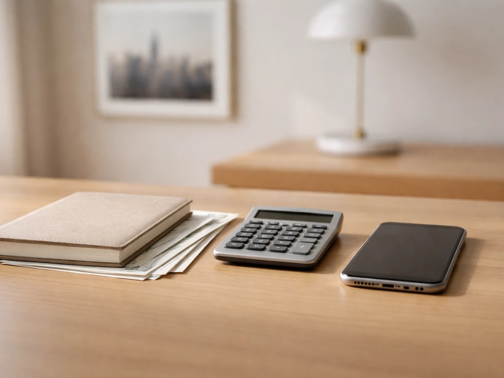 Minimal desk with calculator, blank phone, and unlabeled bills suggesting net worth calculation.