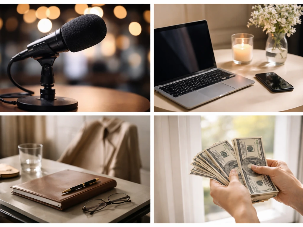Minimal collage showing studio media, hosting mic, luxury lifestyle, and business money symbolism