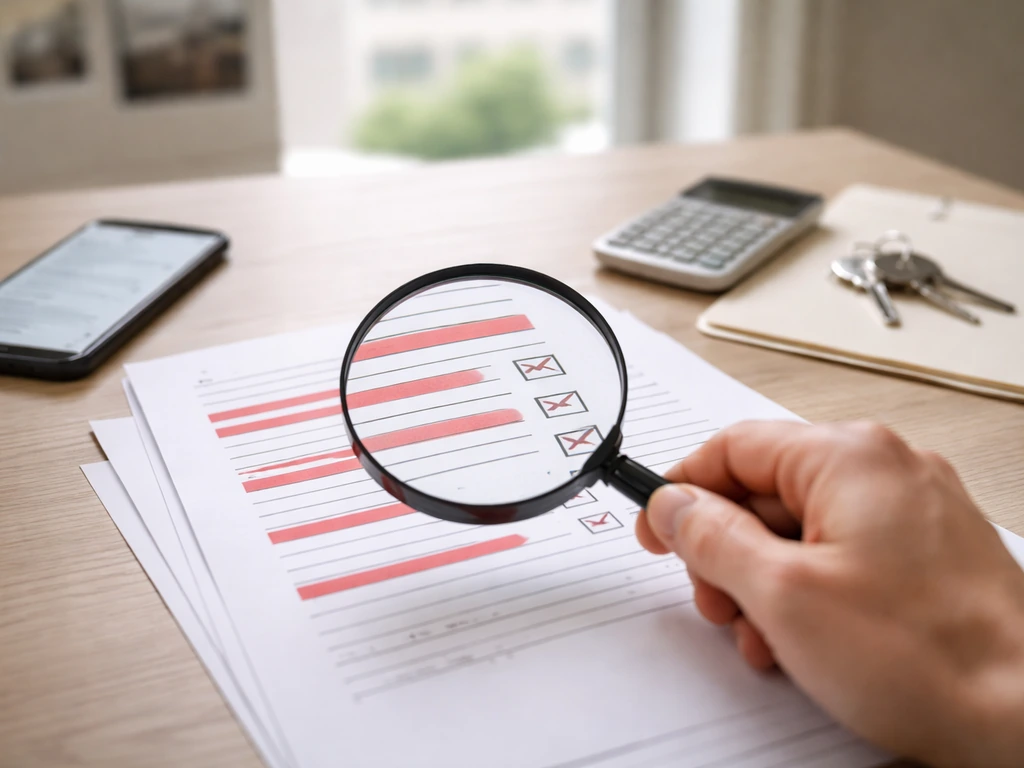 Hand comparing documents and property records on a desk with a calculator and magnifying glass