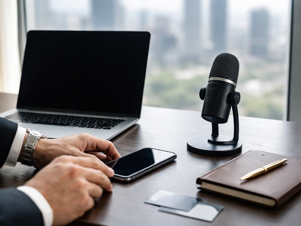 Anonymous interview-style desk setup with phone, laptop, and microphone in a luxury office.