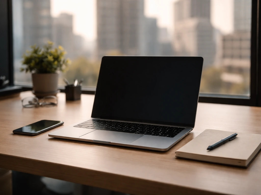 Minimal tech entrepreneur office desk with laptop and city view, symbolizing business wealth-building context.