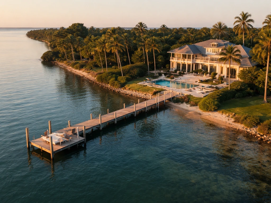 Aerial view of a luxury waterfront property with private dock and calm ocean at golden hour.