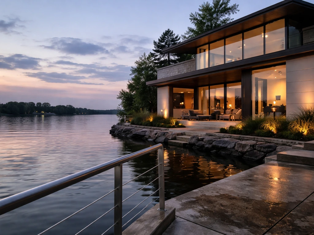 Empty waterfront home exterior at dusk, symbolizing high-value real estate and public records.