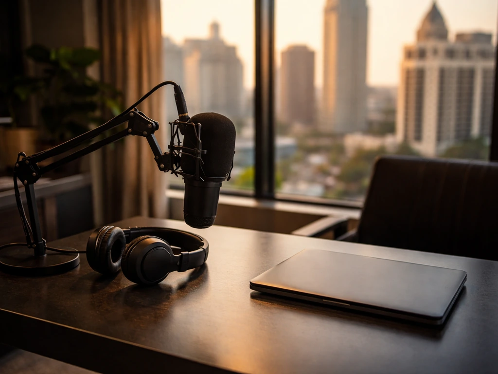 Minimal luxury studio desk with a microphone and headphones, symbolizing a RHOA producer/business context.