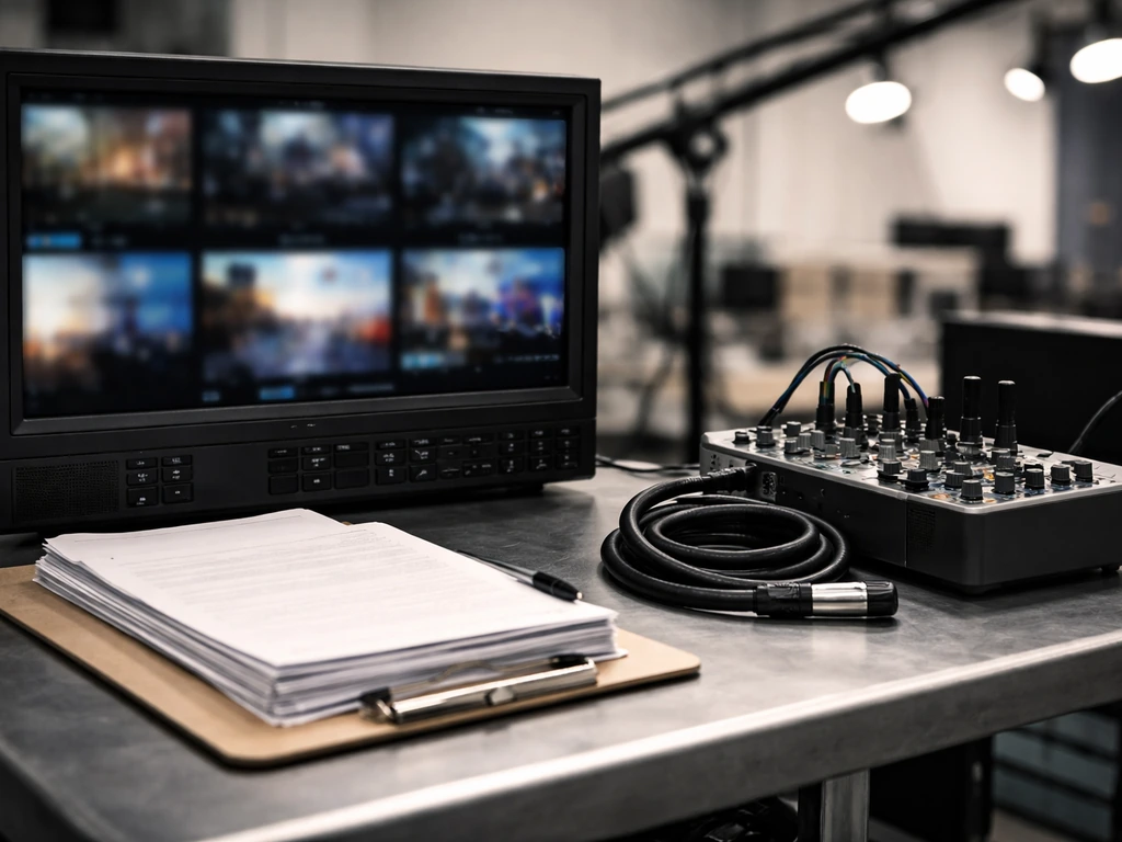 Minimal TV studio desk scene with video monitor, audio mixer, cables, and blank sheets, no people.