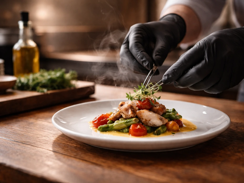 Chef’s gloved hands plating a plated entrée in a restaurant kitchen with herbs and olive oil in background.