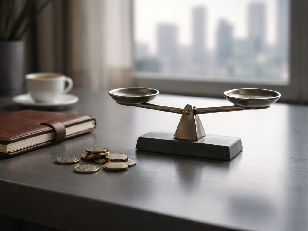 Minimal business desk scene with a shadowy balance scale vibe, showing money movement in a calm office setting.