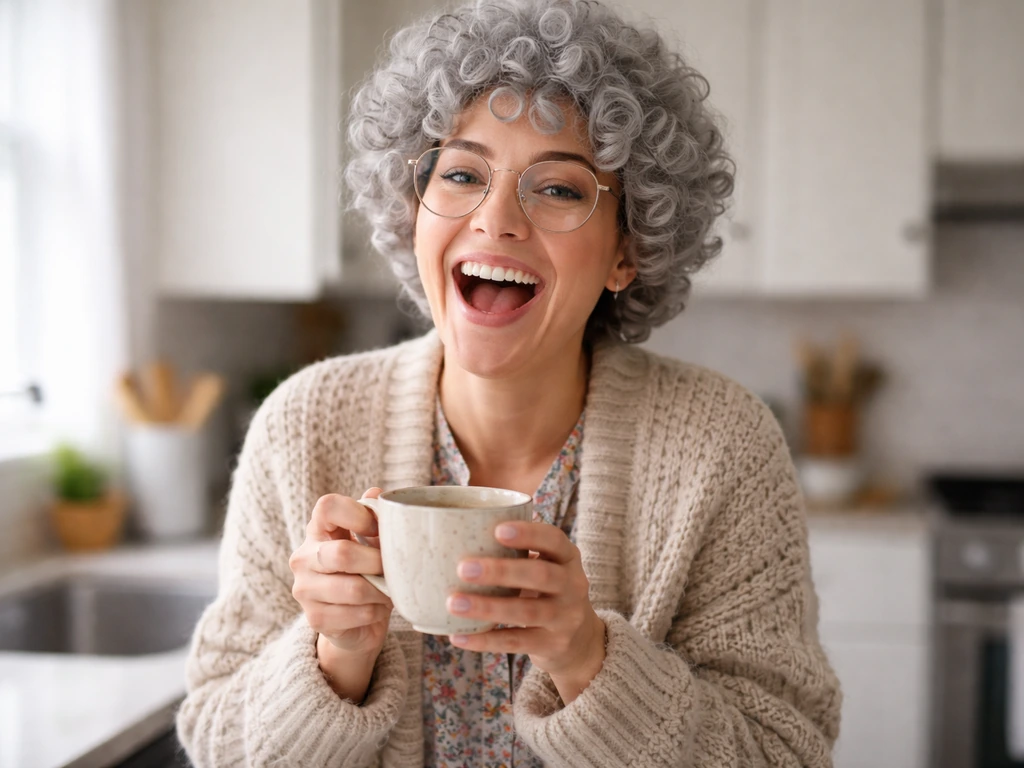 A woman in a playful “granny” wig and glasses smiling in a bright kitchen, holding a mug.