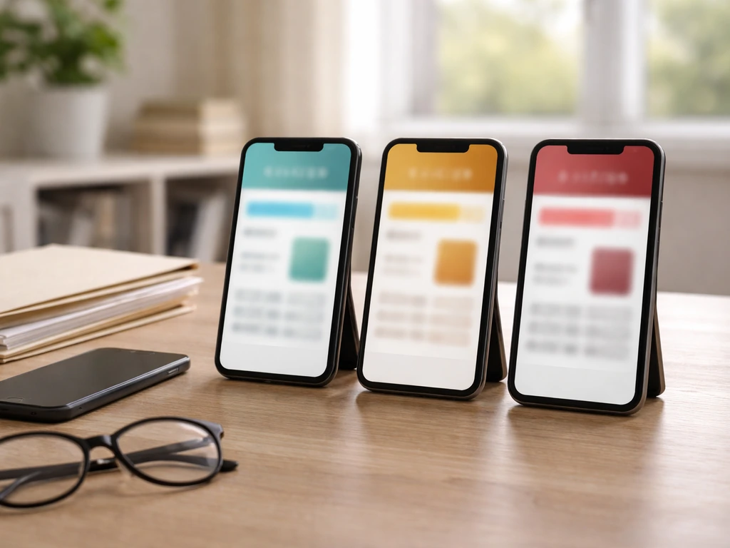 Desk with three angled phones showing abstract blurred scorecards, symbolizing different net-worth claims.