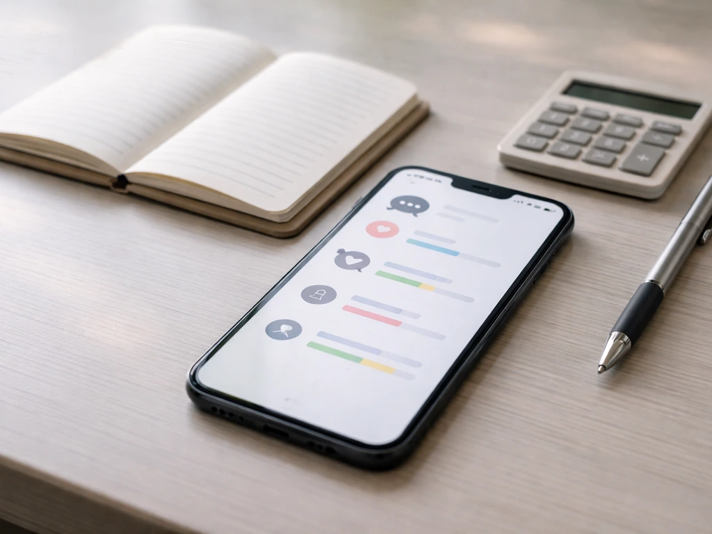 Minimal close-up of a smartphone showing social metrics style icons beside a ledger, representing verifiable financial s