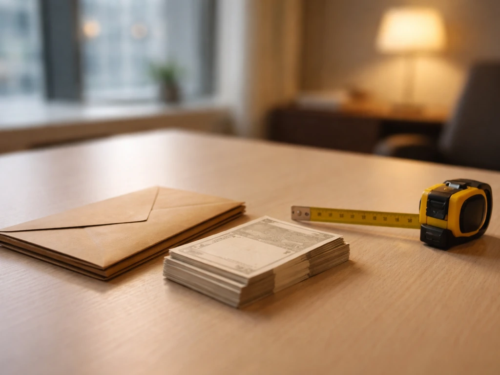 Minimal office scene with a single envelope and cash-like props suggesting a net-worth range baseline and bounds.