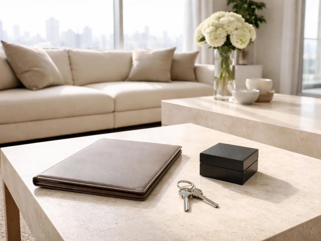 Minimal photo of a luxury living room with a real-estate key and a purchase folder, symbolizing property value analysis