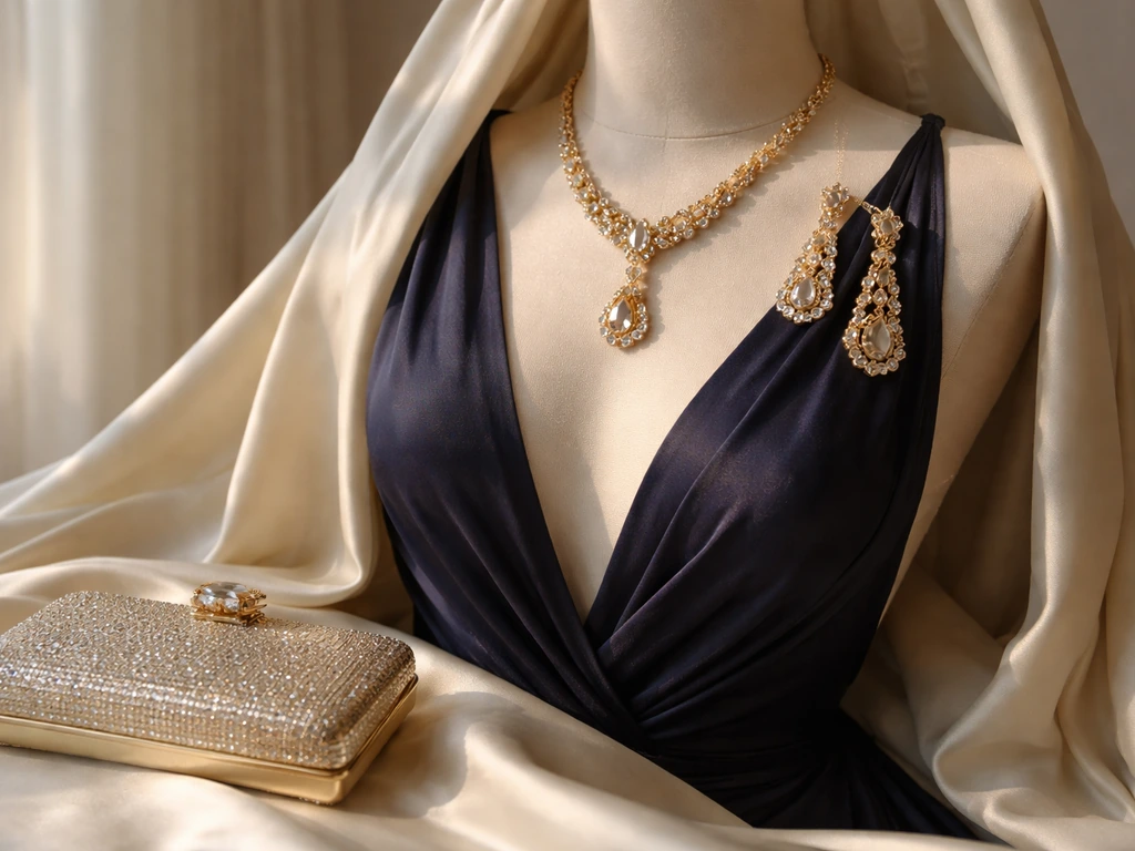 Elegant evening dress and gold jewelry arranged on satin, minimal fashion brand-deal vibe.
