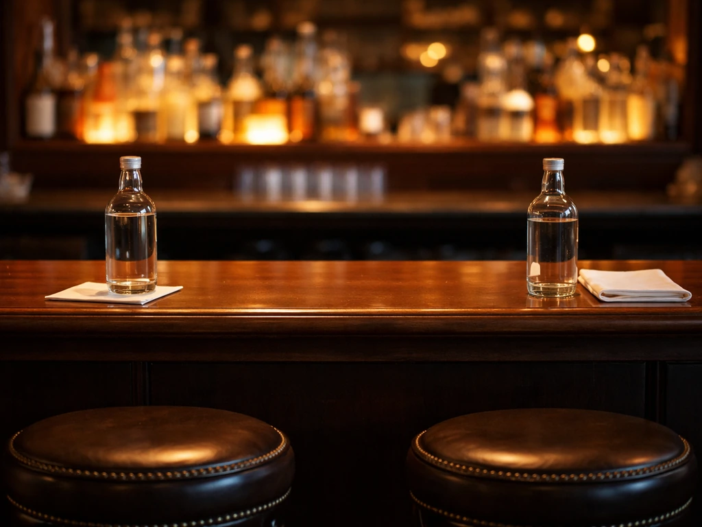 Minimal photo showing two empty bar stools with name-tag style placards removed, evoking two different Toms.