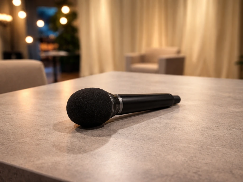 Black studio microphone on a production table with soft reality-TV set lights in the background.