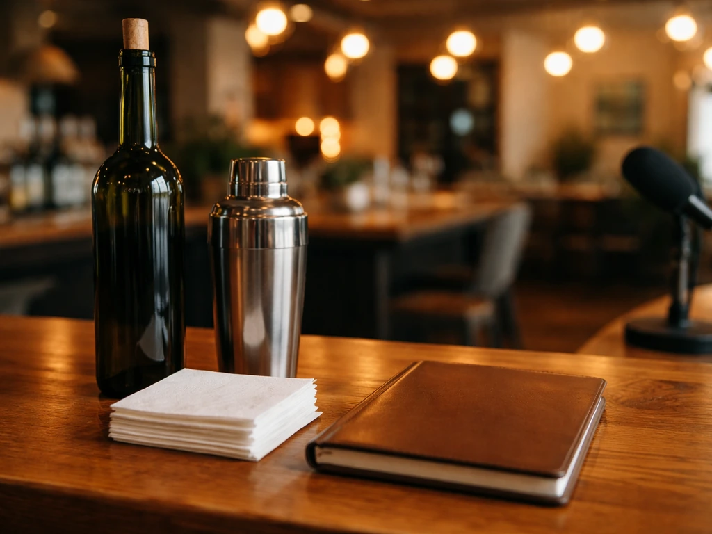 Close-up of hospitality tools and a media microphone on a bar counter, symbolizing business assets.