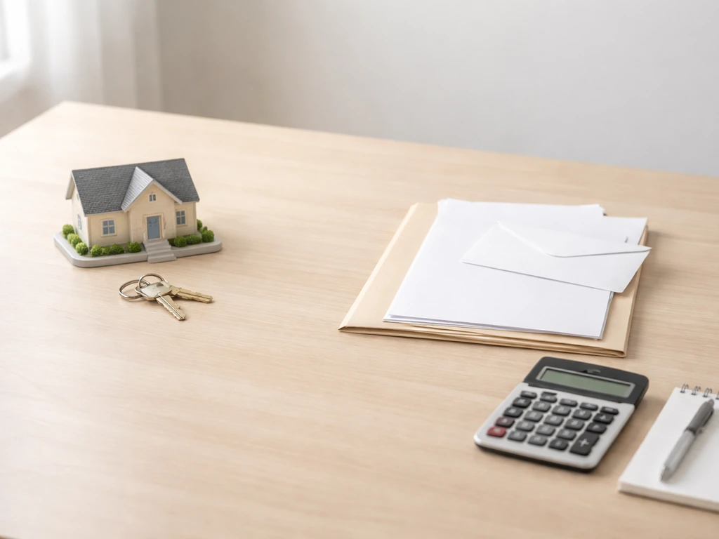 Calculator with grouped home and bills items on a desk, symbolizing assets minus liabilities.