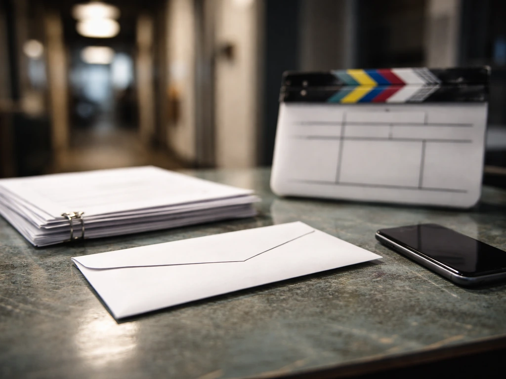 Anonymous studio desk with an empty envelope, blank papers, and TV props symbolizing RHOA salary.