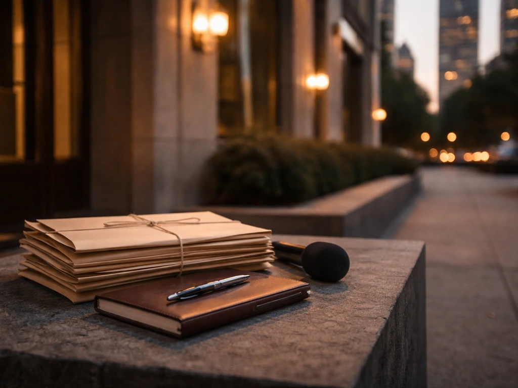 Atlanta-style law office exterior with stacked legal file folders and a quiet, professional desk setup