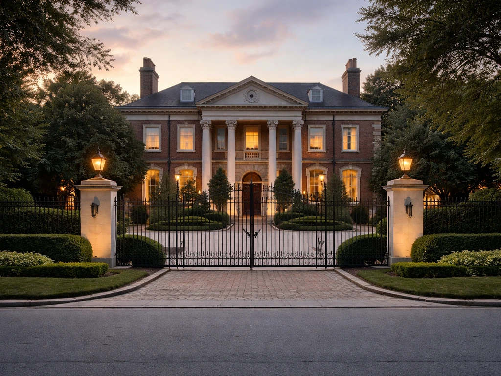 Upscale mansion exterior with brick façade and gated driveway, suggesting a major real estate asset.