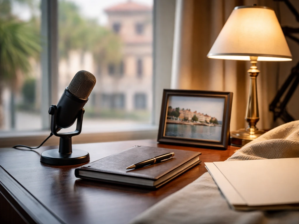 Charleston attorney-style desk with a small Southern-inspired photo frame, evoking Southern Charm Season 11 connection