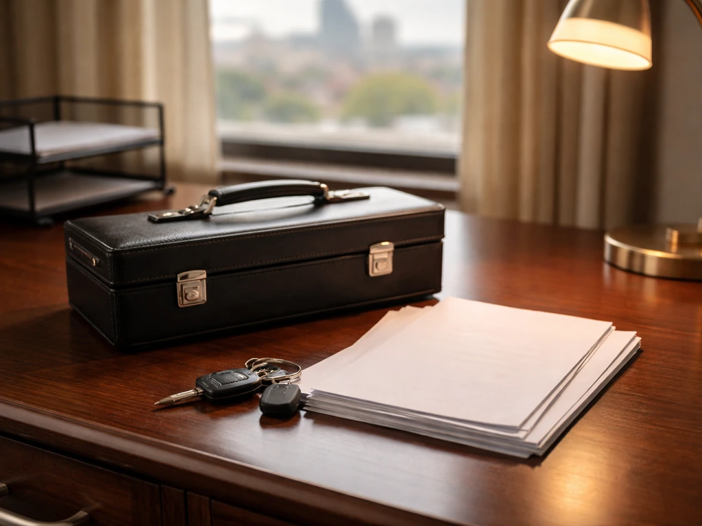 Minimal photo of an attorney-style office desk with a briefcase, keys, and legal documents, symbolic of income sources.