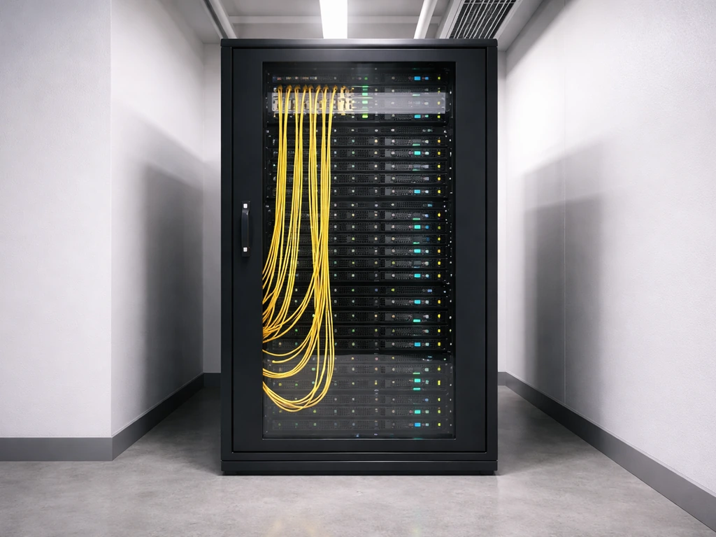 Close-up of a server rack and fiber optic cables in a clean tech room, symbolizing secure communications infrastructure.