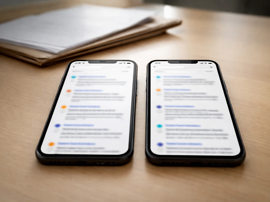 Two smartphones on a desk with blurred mismatched search results, suggesting the need for identity verification.