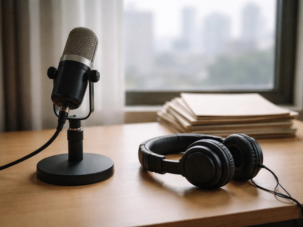 Radio studio desk with microphone and headphones, minimal and symbolic of a media career timeline.