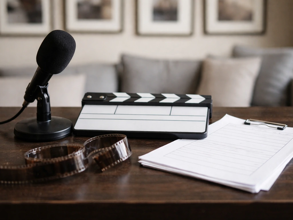 Minimal setup showing a Lifetime reality-TV earnings concept with a microphone, seasonal clapperboard, and cashless medi