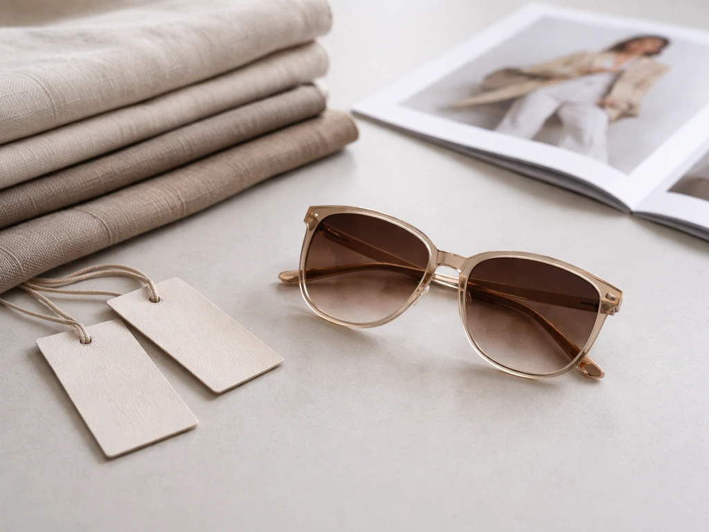 Fashion product flat-lay of sunglasses and clothing materials on a clean neutral background.