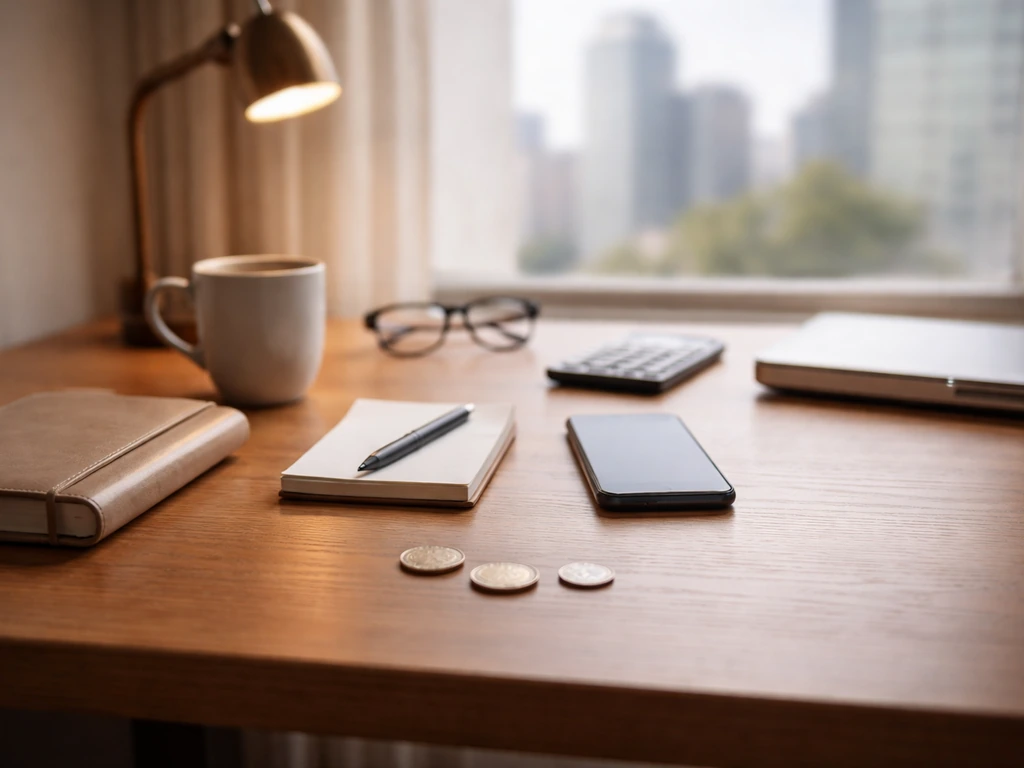 Minimal desk scene with coins and phone suggesting a net-worth estimate range, no text or graphics.