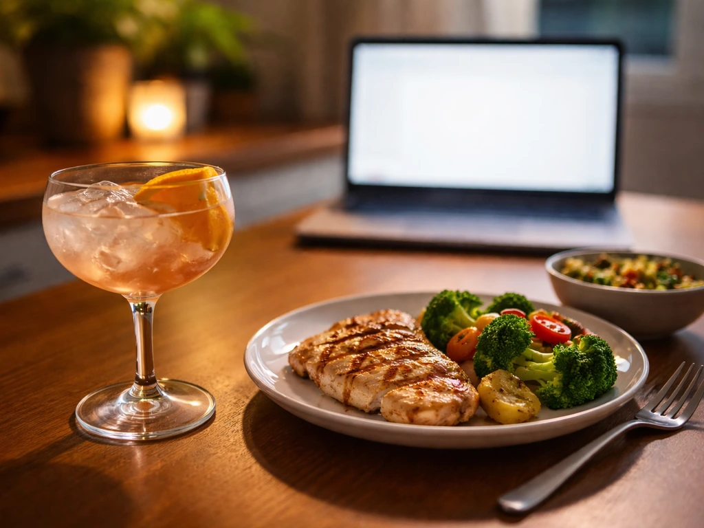 Close-up of a cocktail and plated home-cooked meal beside a laptop, hinting at net-worth analysis
