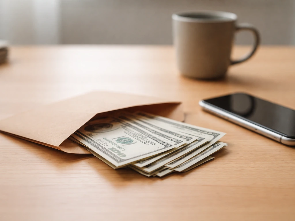 Minimal photo of a studio-style desk with cash spilling from a small envelope, symbolizing a net worth range.