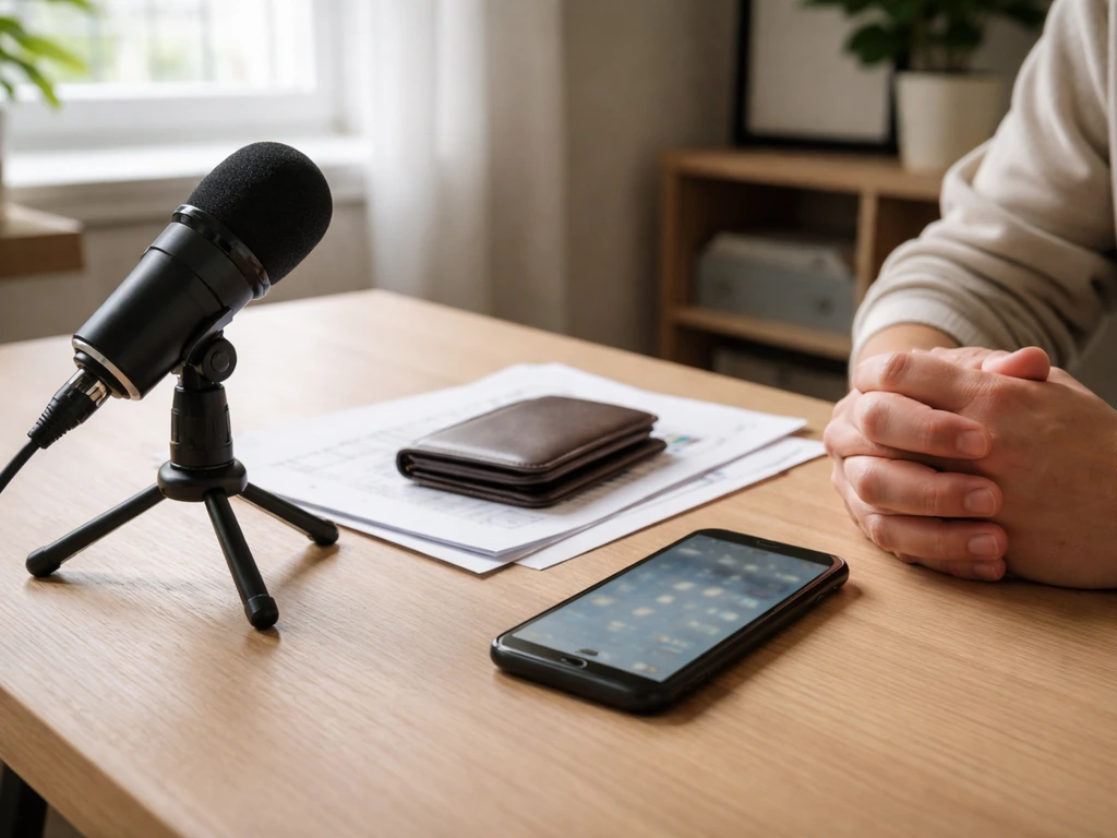 Minimal photo of a creator at a studio desk with microphone and scattered financial papers, symbolizing net-worth estima