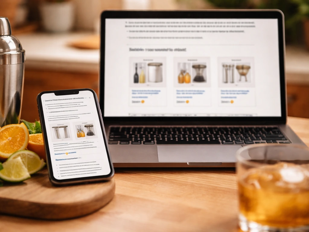 Smartphone and laptop on a kitchen table with cocktail ingredients, suggesting affiliate marketing for a blog post.