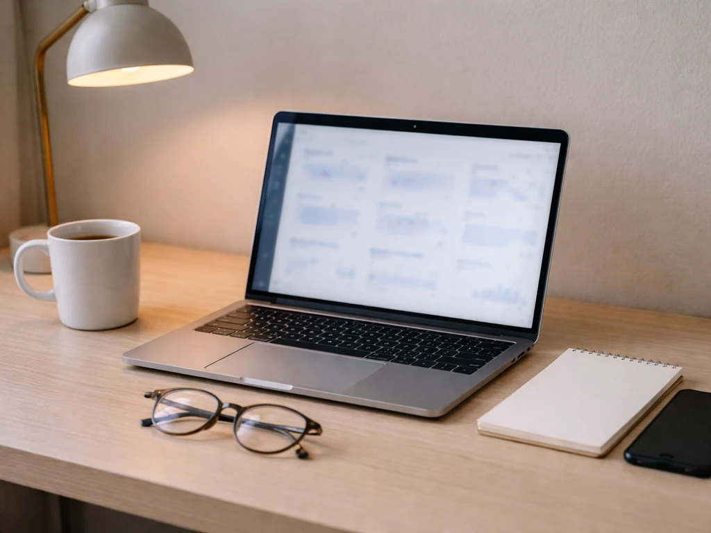Minimal desk with open laptop, phone, and blank notes suggesting social metrics verification.