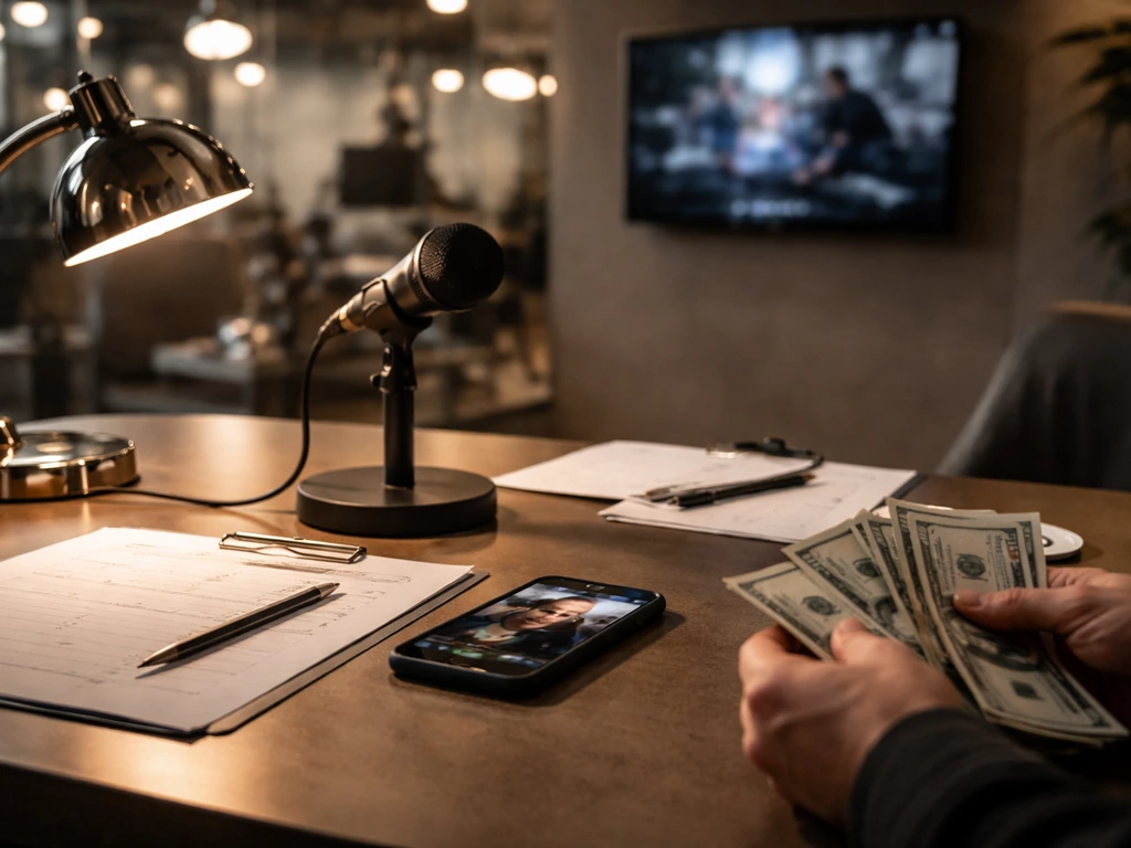 TV production desk with microphone and cash, blurred studio lights suggesting media income