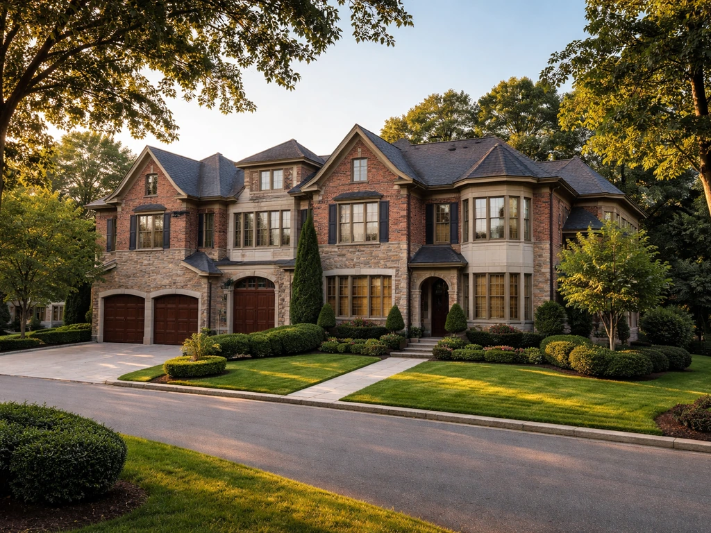 Upscale NJ suburban townhome exterior with manicured lawn and driveway, quiet street, no people.
