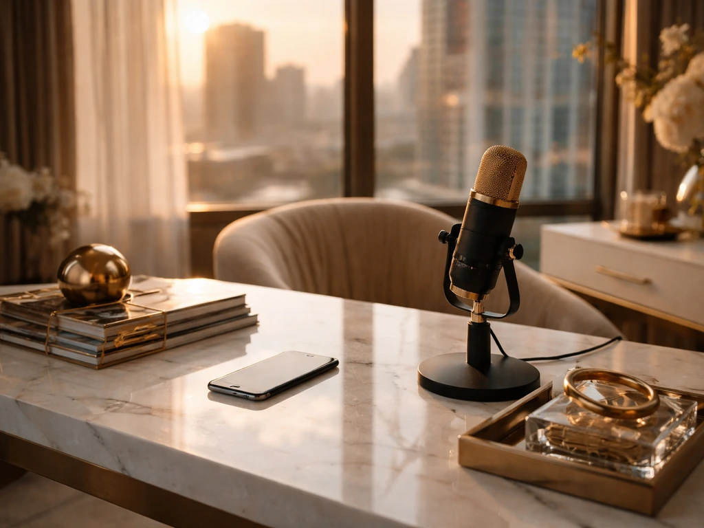 Luxury desk with designer decor and a studio microphone, warm light, symbolic of wealth and media analysis