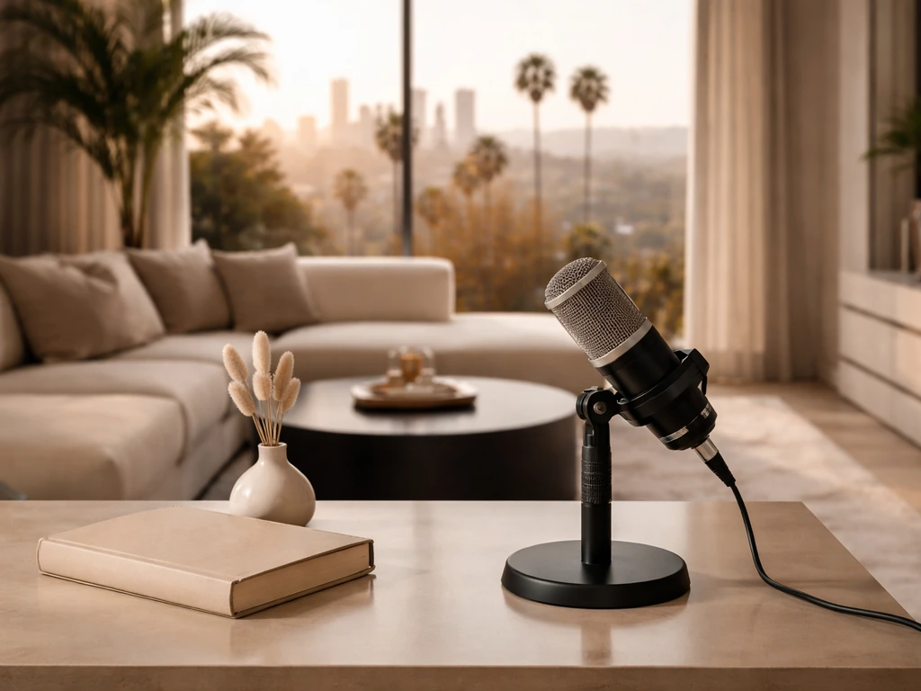 Minimal luxury studio desk with a microphone and modern living-room background, no people visible.